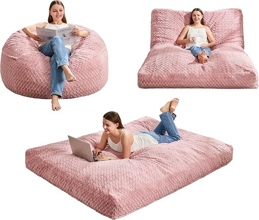 Hobestluk Bean Bag Chair Convertible Beanbag Chairs for Adults, 3 in 1 Bean Bags with Plush Chevron Cover, Adult Bean Bag Chair for Living Room, Bedroom (Pink, Full)