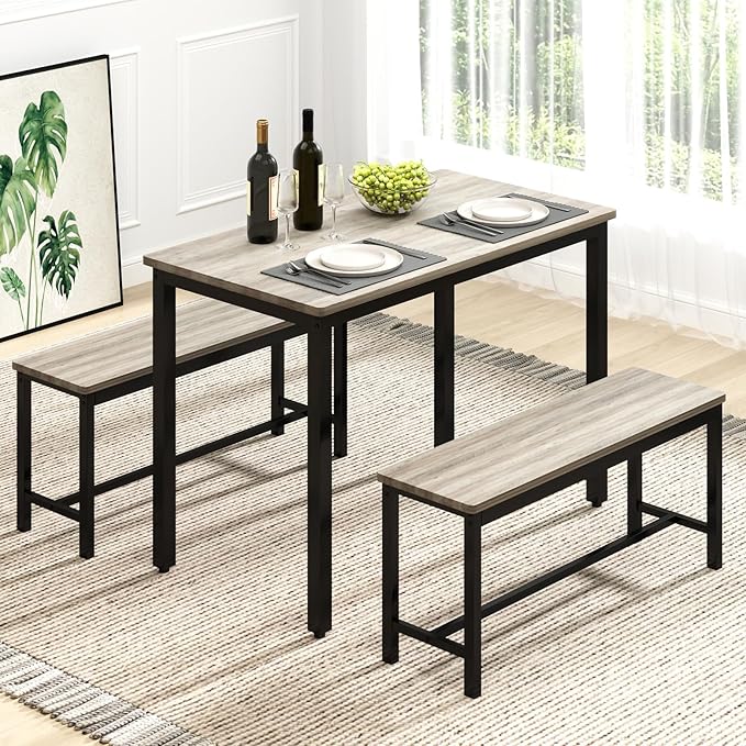 Rovibek Dining Table Set for 4 with 2 Benches – Space-Saving Kitchen Table Set for Kitchen & Dining Room, Grey