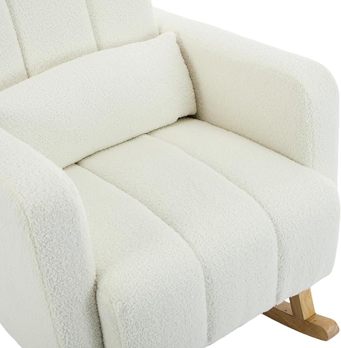 Christopher Knight Home Mapo Wooden Rocking Chair Indoor, Teddy Upholstered Spacious Rocker Chair with Pillow, Comfy Rocking Chair with Armrest for Bedroom, Living Room, Offices, Cream White
