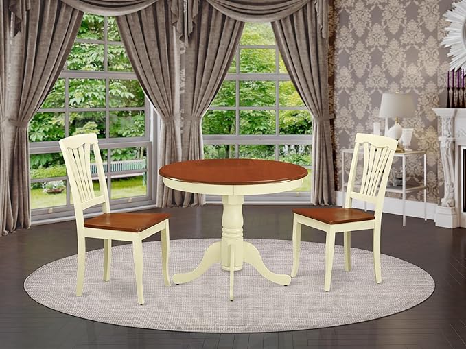East West Furniture ANAV3-WHI-W 3 Piece Dinette Set for Small Spaces Contains a Round Dining Room Table with Pedestal and 2 Kitchen Dining Chairs, 36x36 Inch, Buttermilk & Cherry