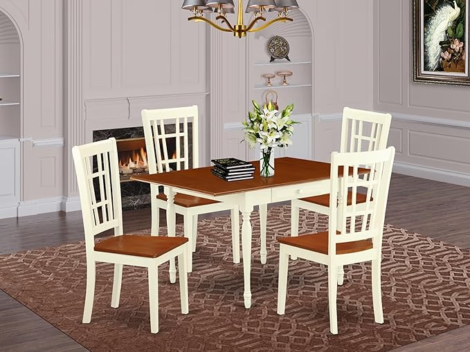East West Furniture MZNI5-WHI-W 5 Piece Dining Table Set for 4 Includes a Rectangle Kitchen Table with Dropleaf and 4 Dining Room Chairs, 36x54 Inch, Buttermilk & Cherry