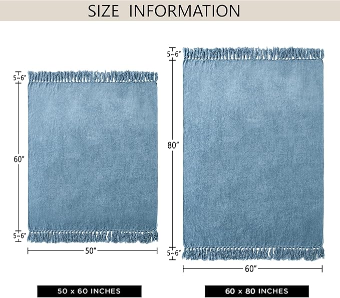 Chenille Throw Blanket for Couch 50"X 60", Soft Cozy Throws with Fringe Tassel for Bed Sofa Chair Cover, Lightweight Knitted Decorative Boho Blankets for Living Room, Dusty Blue