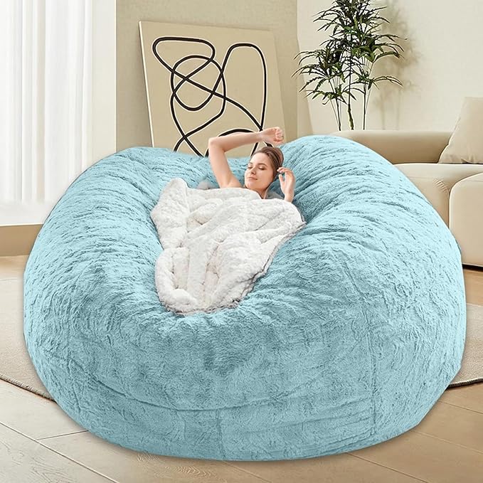 Bean Bag Chair for Adults Kids Without Filling Comfy Oversized Round Lazy Sofa Bean Bag Cover for Stuffed Animal Storage Bedroom Living Room Chairs, 6FT, Light Blue