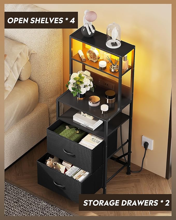 WLIVE Nightstand with Charging Station, LED Night Stand with 2 Drawers and 4 Storage Open Shelves, Fabric Dresser for Bedroom, Black