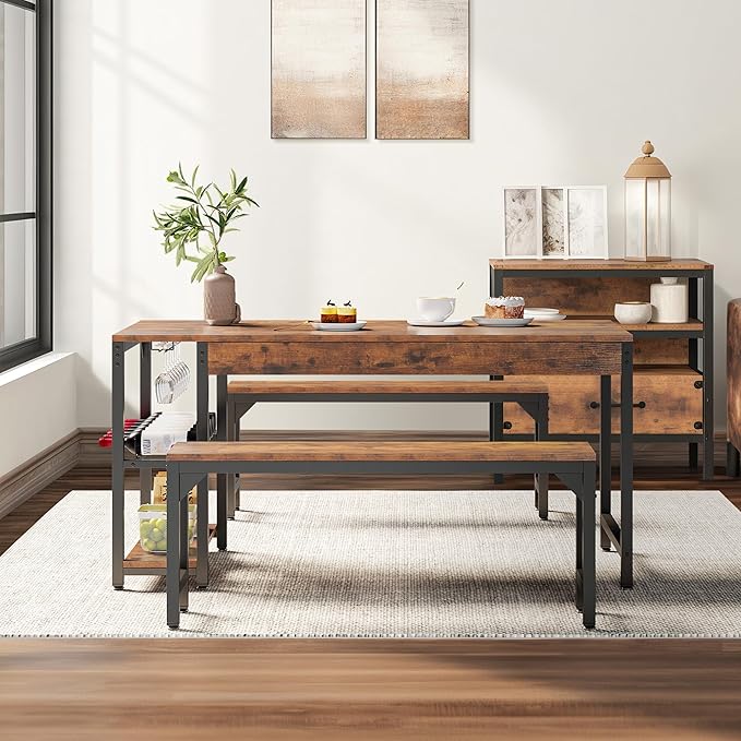 YITAHOME 63" 3 Piece Kitchen Dining Table Set for 4 with Bench & Storage, Farmhouse Rectangle Dining Room Dinner Table with Wine & Glass Holder for Space Saving Brown