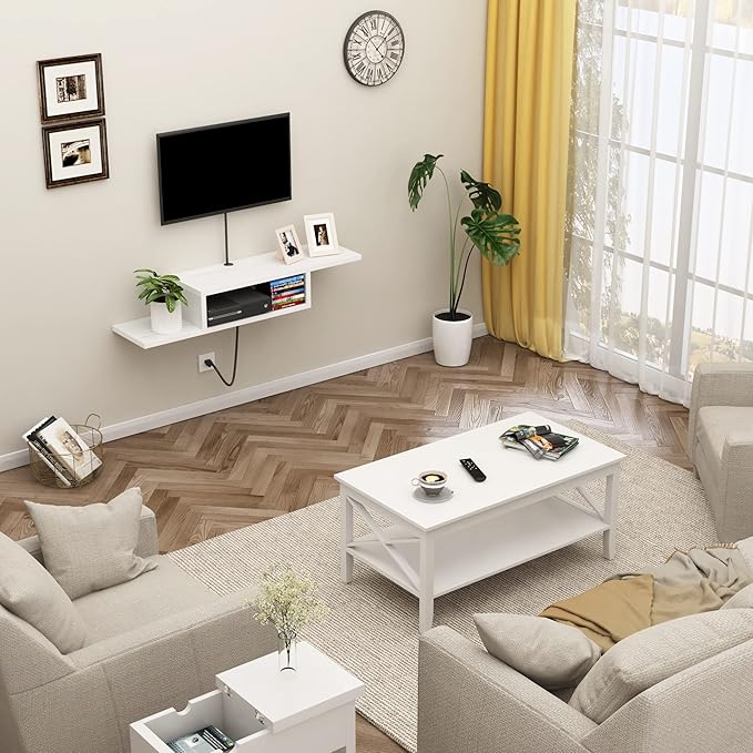 ChooChoo Floating TV Stand Shelf, Wall Mount Entertainment Center Media Console for Living Room, Bedroom, White