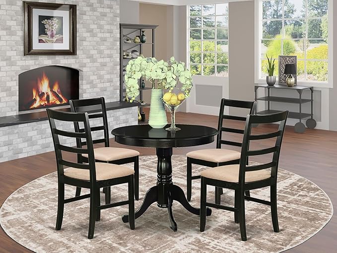 East West Furniture ANPF5-CAP-C 5 Piece Dining Set Includes a Round Kitchen Table with Pedestal and 4 Linen Fabric Upholstered Dining Chairs, 36x36 Inch, Cappuccino