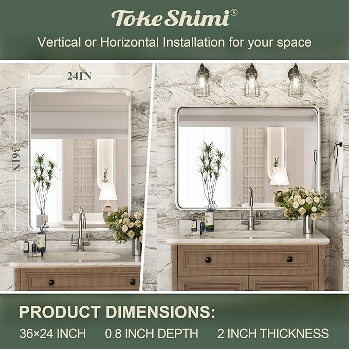 TokeShimi 24 x 36 Inch Brushed Silver Bathroom Mirror for Wall Brushed Brass Metal Rounded Corner Rectangle Mirror Metal Frame Deep Set Design Hangs Horizontal Or Vertical
