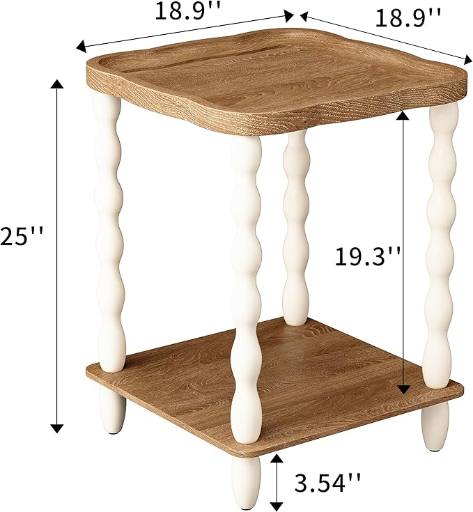 karlott End Table, 2-Tier Farmhouse Side Table, 18.9'' Handcrafted Weathered Wooden Nightstand Table, Pine Leg, Square Arc Small End Tables for Living Room, Small Space, Bedroom, Boho, Easy Assembly