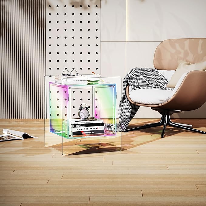 Acrylic Nightstand Colorful Bedside Table with Open Storage Shelf,Clear Side Table for Living Room (1, Iridescent)