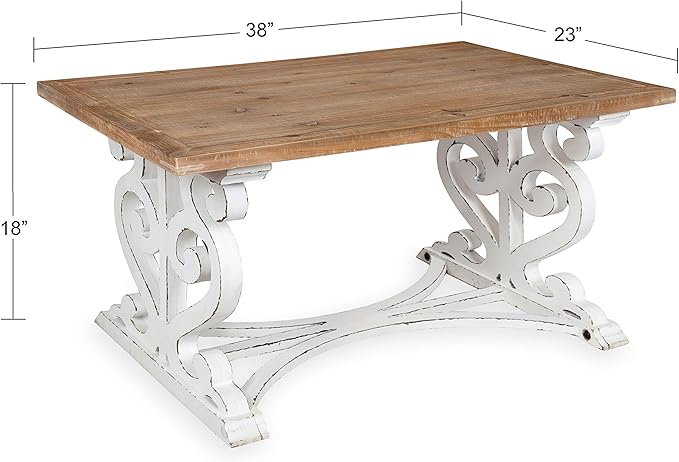 Kate and Laurel Wyldwood Rustic Carved Coffee Table, 38" x 23" x 18", Distressed Brown and White, Farmhouse-Inspired Living Room Decor