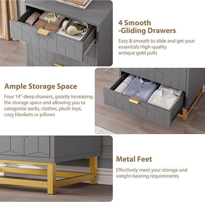 Grey Dresser, 4 Drawer Dresser for Bedroom, Modern Dressers with Gold Metal Handles for Living Room, Hallway, Entryway
