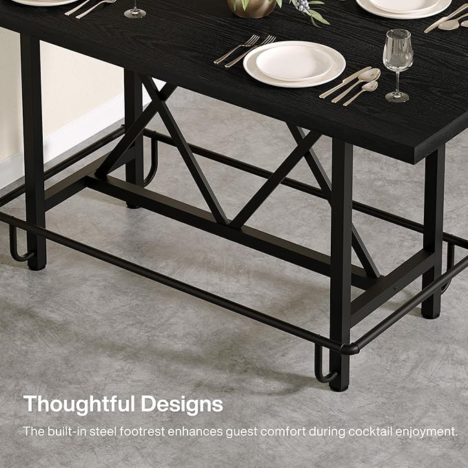 Tribesigns Bar Table, Industrial Counter Height Pub Table with Metal Footrest, 63-Inch Rectangle Wood Kitchen Dining Table with Sturdy Metal Frame for Dining Room, Home Bar (Black)