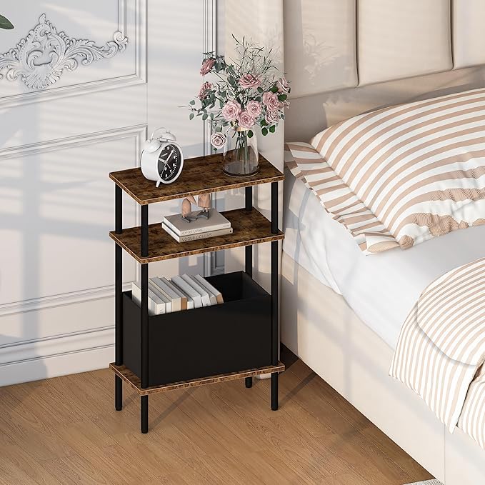 Narrow Side Table with Fabric Basket, Set of 2 End Table for Small Spaces, Slim Nightstand with 3-Tier Storage Shelf, Sofa Beside Table, for Living Room, Bed Room, Rustic Brown