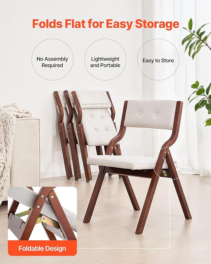 VEVOR Wooden Folding Chairs with Cushion, Set of 2, Portable Foldable Cushion Chair with Wooden Frame, Modern Padded Dining Chair for Kitchen, Office, Wedding, Party, Dining Room, Easy Assembly, White
