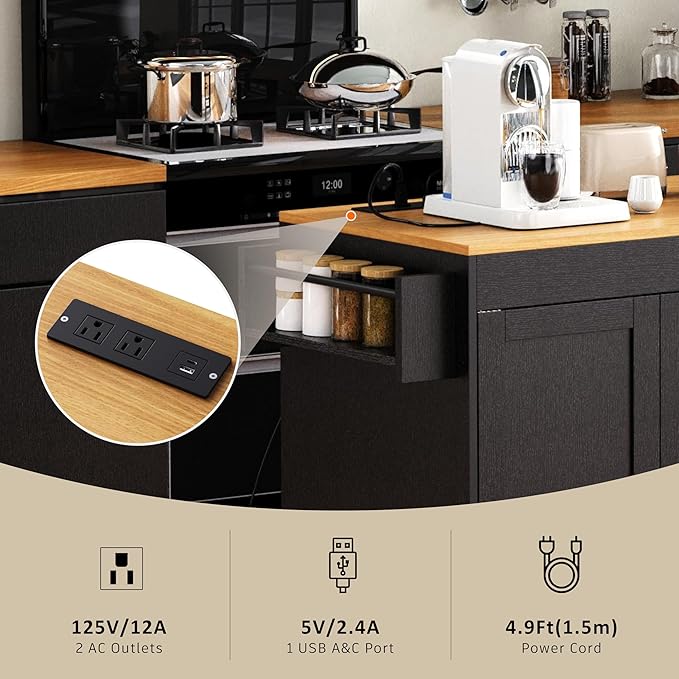 Ball & Cast 74.8" Kitchen Island with Extendable Dining Table,Kitchen Storage Cart W/Power Outlet and 3 Drawers,Rolling Kitchen Island on Wheels W/Spice Rack & 2 Door Cabinet,for Kitchen,Black