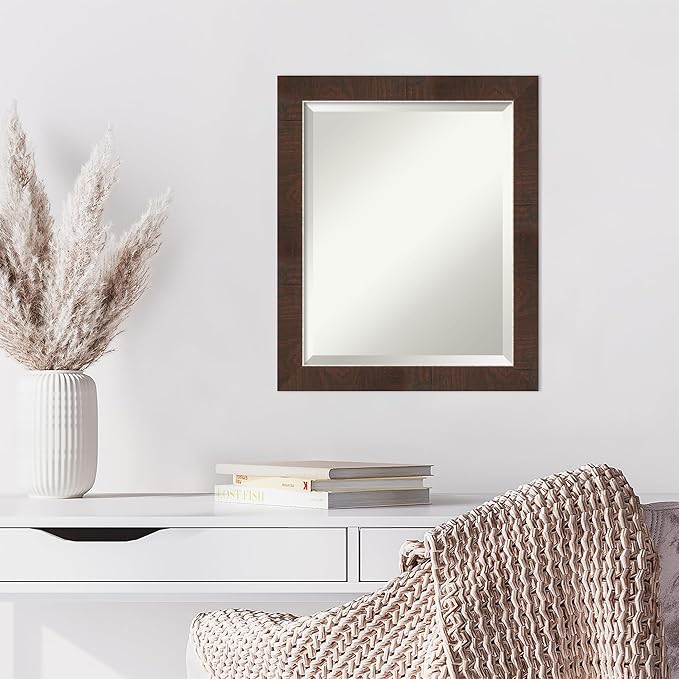 Amanti Art Brown Wall Mirror 23x19 Wildwood Brown Narrow Rectangle Bathroom Mirror for Wall Decor Living Room, Small Rustic Farmhouse Frame, Hangs Horizonally and Vertically, Bathroom Decor, Beveled