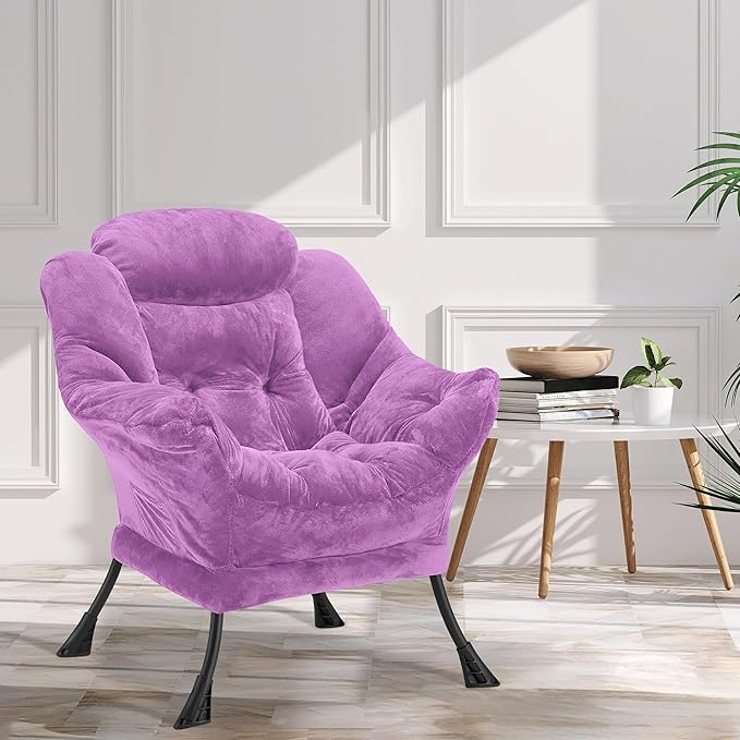 Fabric Lazy Chair for Adults, Oversized Upholstered Sofa Chair, Plush Comfy Lounge Chair with Large Side Storage Pocket, Thick Padded Reading Chair for Living Room, Bedroom, Office, Purple