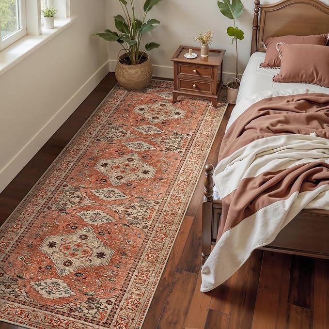 Tangsoo 2.6x8 Washable Runner Rug for Hallways, Non Slip Vintage Runner Rug, Soft Low Pile Long Rug Runner, Print Distressed Terracotta Carpet Runners for Kitchen Bedroom Entryway Bathroom Living Room