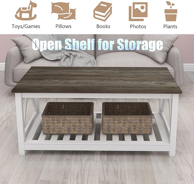 Farmhouse Coffee Table, White OakCoffee Table for Living Room, 2-Tier Rectangular Wooden Centre Cocktail Table with Slats Shelf Storage and V-Shaped Frame Modern Coffee Table Dark Oak
