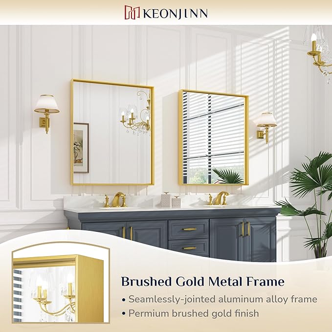 Keonjinn 30 x 36 Inch Brushed Gold Bathroom Mirror Metal Framed Rectangle Wall Gold Vanity Mirror for Bathroom Gold Rectangle Mirror for Bathroom Over Sink(Horizontal/Vertical)