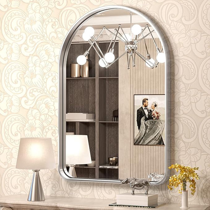 TokeShimi Arched Brushed Silver Bathroom Mirror 26x38 Inch with Non-Rusting Aluminum Alloy Matte Framed for Vanity Farmhouse Modern Minimalist Bathroom, Entryway Hall, Living Room, Bedroom