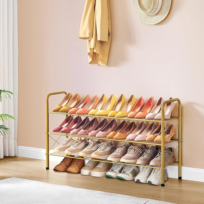Hoctieon 3 Tier Mesh Style Shoe Rack, Entryway Shoe Shelf, Shoe Storage Organizer, Shoe Rack for Closet, Space Save for Bathroom, Garage, Hallway, Bedroom, Living Room, Gold