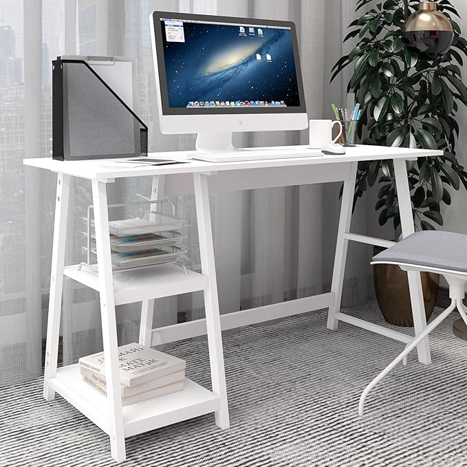 Natwind 47" White Desk with 2-Tier Storage Shelves,Home Office Computer Desk, Study Table for Kids Student Girls,Writing Desk,Modern Simple Basic Desk Workstation for Bedroom Home Office