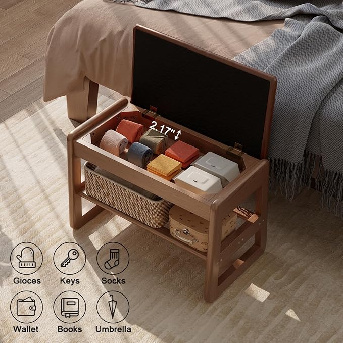 Small Shoe Bench with Leather Cushion,2 Tiers Shoe Rack Bench with Flip-Top Storage,Wood Shoe Rack for Entryway（Orange,23.62"）