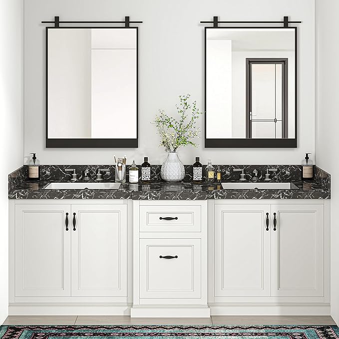 24x36 Inch Rectangle Bathroom Vanity Mirror for Wall Mounted Over Sink Farmhouse Rustic Matte Black Frame Barn Door Mirrors Foyer Entryway Decor