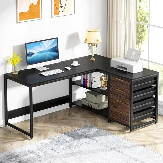 Tribesigns L Shaped Computer Desk with Storage Drawers, 59 inch Corner Desk with Shelves, Reversible L-Shaped Office Desk Study Writing Table Workstation for Home Office, Black