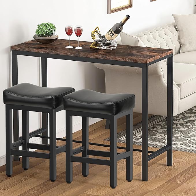 Counter Height Bar Stools Set of 3, 24 Inch Barstools for Kitchen Island Counter, Bonded Leather Kitchen Stools with Saddle Seats & Metal Base, Easy Assembly, Black