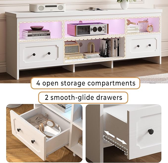 IRONCK TV Stand for 75 Inch TV, 71" LED Entertainment Center with Storage Cabinets, Power Outlets and Open Shelf, Media Console TV Cabinet with Drawers for Living Room, White