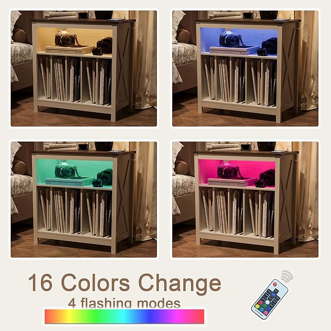 ChooChoo Large Record Player Stand with Charging Station & LED Light, Vinyl Record Holder hold up to 300 Albums, Farmhouse End Table for Bedroom, Living Room, Soft White
