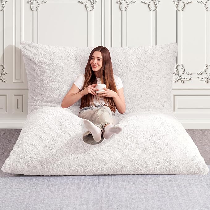 HABUTWAY 4 in 1 Bean Bag Chair, Giant Memory Foam Filling Bean Bag Sofa, Adult Bean Bag Chair, Machine Washable Faux Fur Cover, Bean Bag for Adult (White)