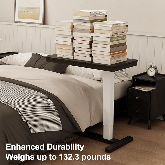 Solid Wood Overbed Bedside Table with Wheels,Tilt Top Hospital Bed Table Adjustable Over The Bed,Rolling Bed Desk for Hospital and Home Use (Black)