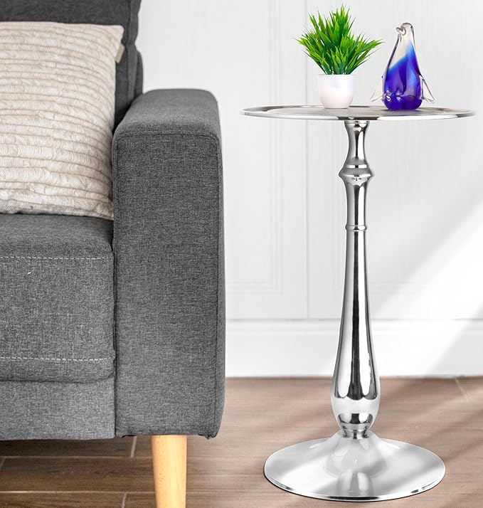 CLEENTABLE Farmhouse Pedestal Round End Table - End Table for Indoor Use - Modern Lightweight Metal Accent Side Table for Small Spaces, Nightstand, Bedroom, Living Room, Office, Balcony 21"(Silver)