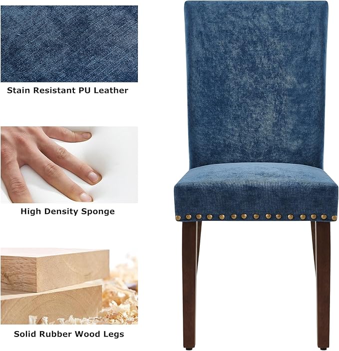 COLAMY Upholstered Parsons Dining Chairs Set of 4, Fabric Dining Room Kitchen Side Chair with Nailhead Trim and Wood Legs - Dark Blue