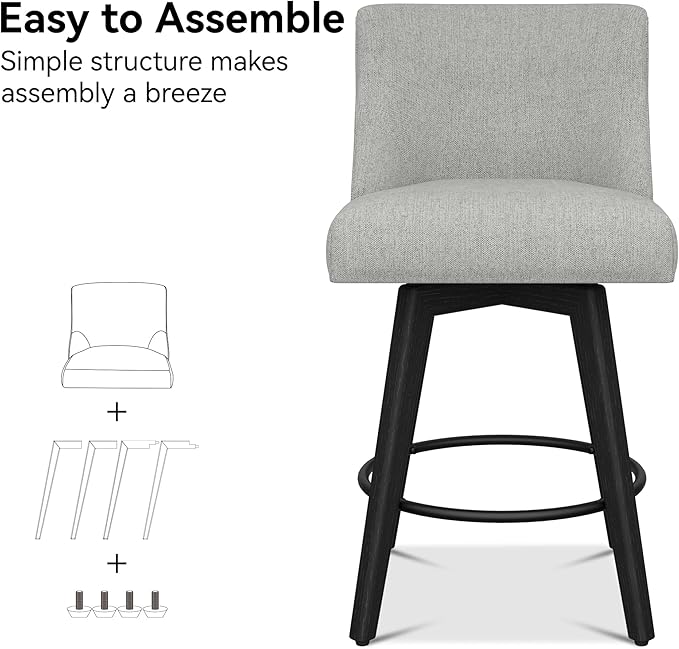 Counter Height Bar Stools Set of 6, Modern Swivel Barstools with Back and Wood Legs, Linen Fabric Upholstered Bar Chairs, 26" H Kitchen Counter Stools, Kitchen Island Home Bar, Light Grey