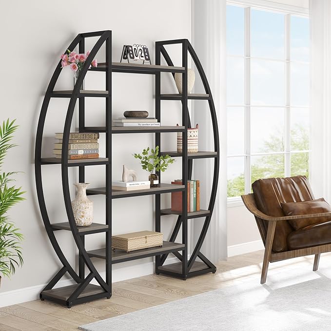 Tribesigns Oval Bookshelf, Triple Wide 5 Tier Etagere Bookcases, Industrial Display Shelves for Living Room (Gray, 55")