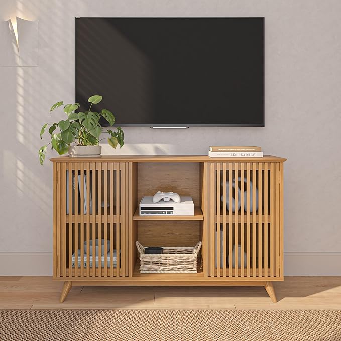 Plank+Beam Mid-Century Modern Wood TV Stand, Solid Wood Entertainment Console with Storage, 49" L x 16" W x 30" H, Pecan