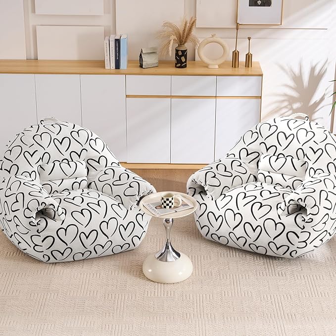 DAICO Bean Bag Chairs for Adults, Comfy Bean Bag Sofa Chair with Handle, Single Lazy Floor Sofas Accent Chair with Foam Bean Bag Couch for Living Room Bedroom Reading Gaming, White Cordate