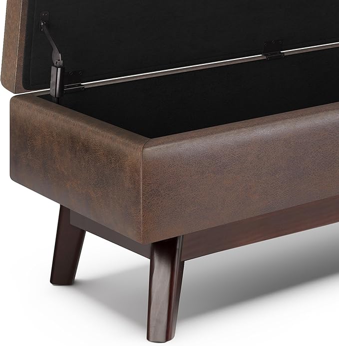 SIMPLIHOME Owen 48 inch Wide Mid Century Modern Rectangle Rectangular Storage Ottoman in Distressed Chestnut Brown Vegan Faux Leather, Assembled, For the Living Room, Entryway and Family Room
