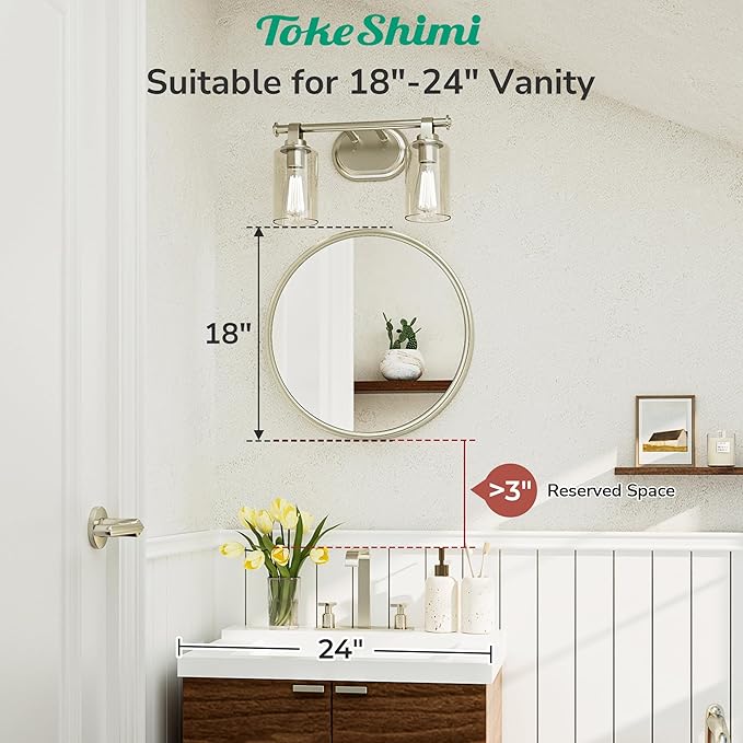 TokeShimi 18 in Round Brushed Nickel Mirror Bathroom, Shatterproof Bathroom Vanity Mirror Circle, 18x18 Silver Round Mirrored Farmhouse Aluminum for Entryway, Bedroom, Restroom, Vanity, Living Room