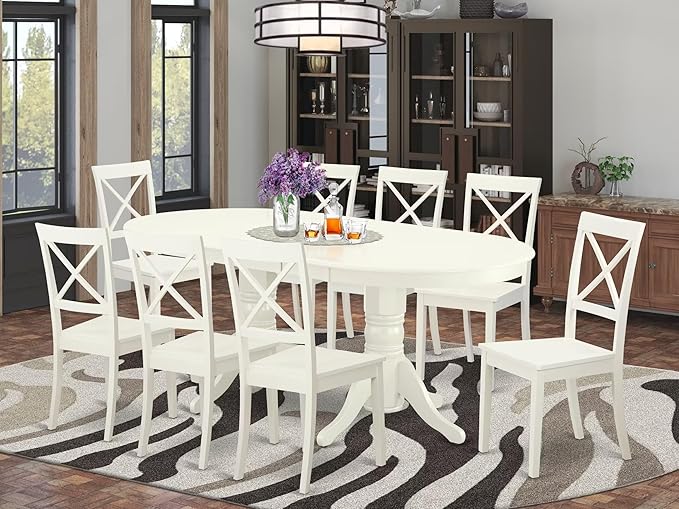 East West Furniture VABO9-LWH-W 9 Piece Modern Dining Table Set Includes an Oval Wooden Table with Butterfly Leaf and 8 Kitchen Dining Chairs, 40x76 Inch, Linen White