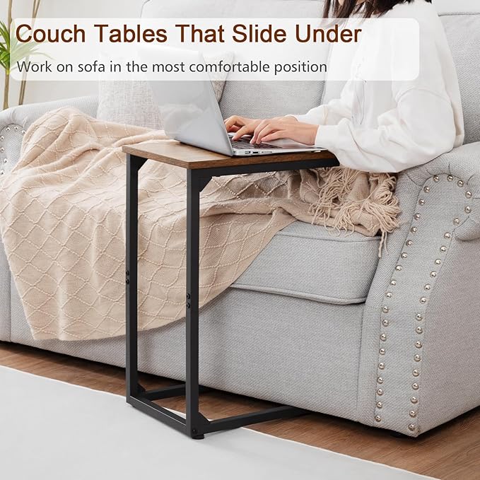 AMHANCIBLE C Shaped End Tables, TV Trays Set of 2 for Living Room, Slide Under Couch Table for Sofa, Bedroom, Small Space, Rustic Brown HET02CBR