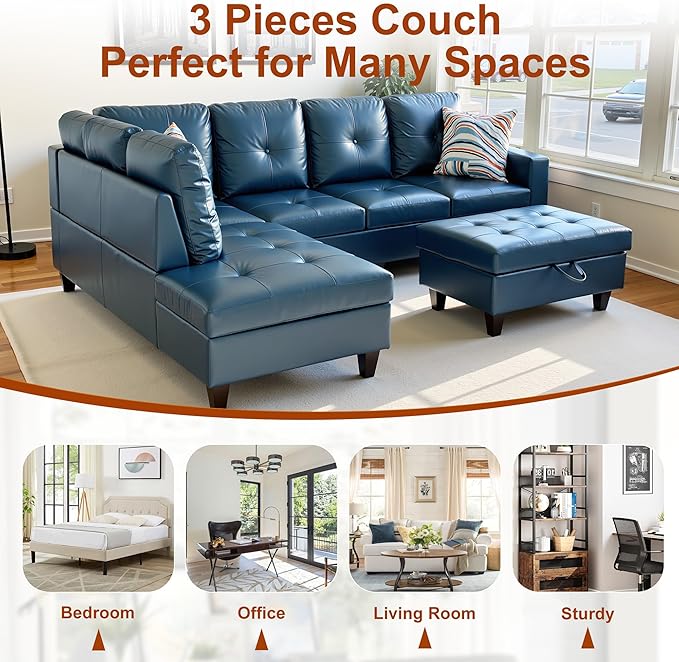 Osparple Sectional Couches for Living Room PU Leather L Shaped Couch 3 Pieces Modular Sectional Sofa with Storage Ottoman for Living Room and Small Apartment, Peacock Blue