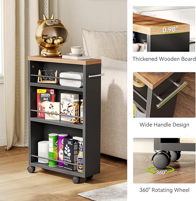 LITTLE TREE Slim Rolling Storage Cart, 3 Tier Snack Cart with Wheels for Kitchen, 6.3 Inch Wide Bathroom Organizer Shelves, Wooden Utility Cart for Laundry Room, Black