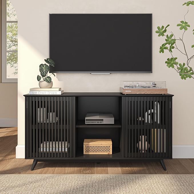 Plank+Beam Mid-Century Modern Wood TV Stand, Solid Wood Entertainment Console with Storage, 59" L x 16" W x 30" H, Black