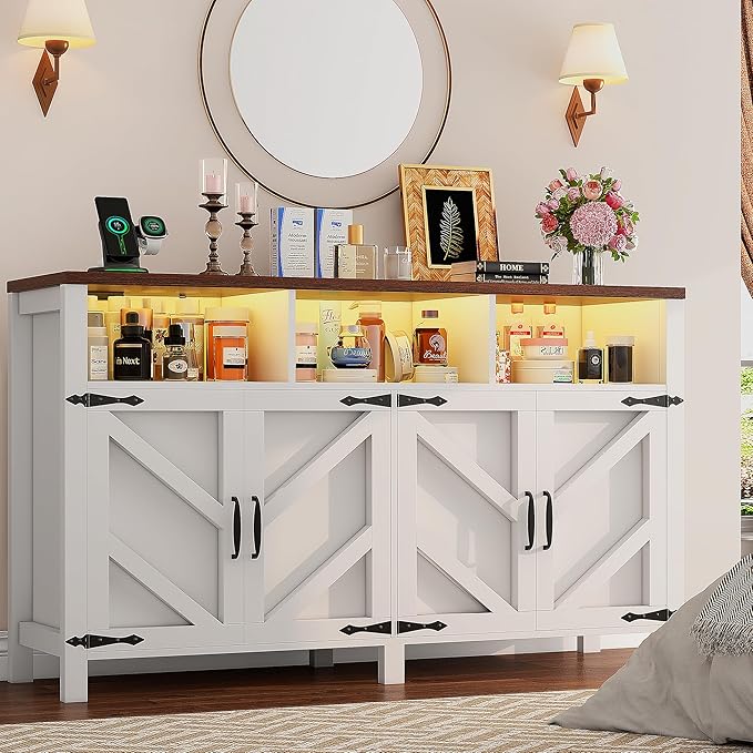 Buffet Sideboard with Storage with Power Outlets & LED Light 4 Doors, 55'' Large Farmhouse Kitchen Storage Cabinet Wood Coffee Bar Cabinet Buffet Table for Kitchen, Dining Room, Entryway